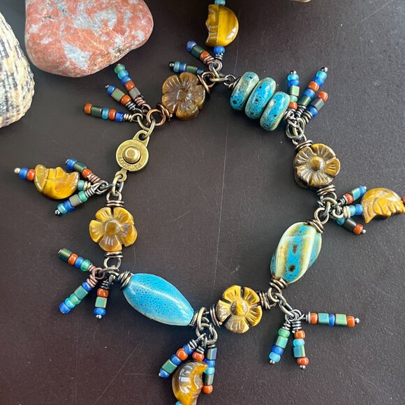 Tiger's Eye Carved Gemstones & Ceramic Art Beads Wire Wrapped Linked Bracelet - Picture 4 of 7